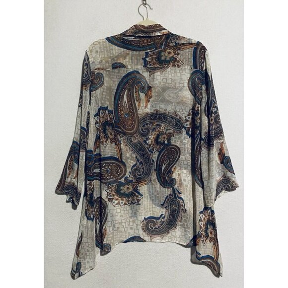 Chicos Top Womens Large 12 Boho Paisley Print Sheer Asymmetrical Hem Flowy - Picture 5 of 10